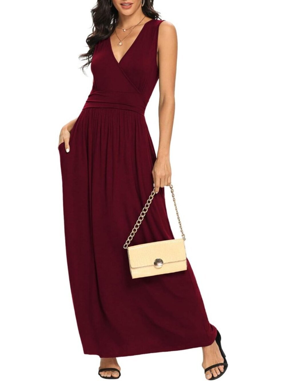 Lilbetter Women's Wine Red Sleeveless Deep Loose Plain Maxi Casual Dress